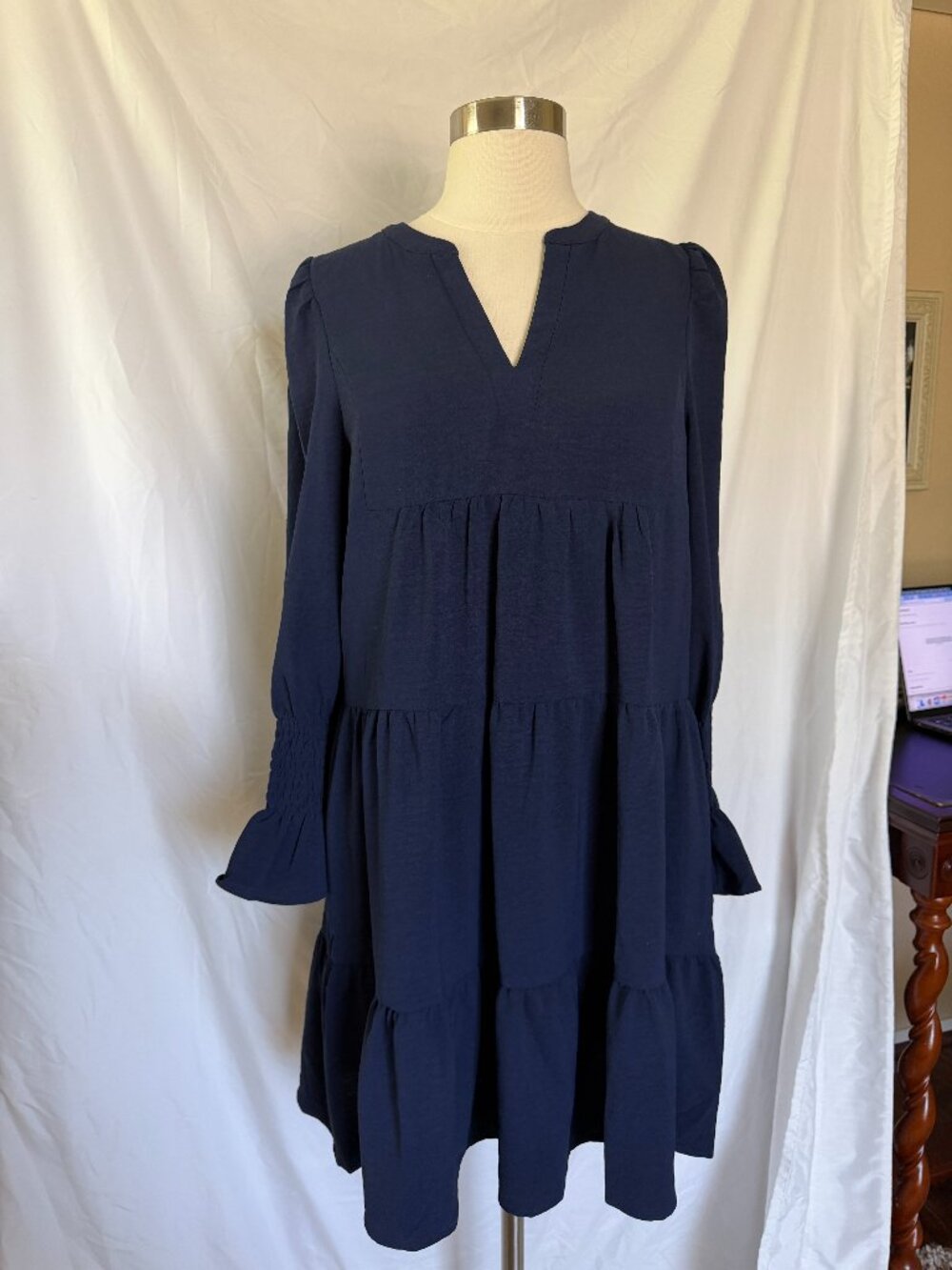 THML XS Navy Tiered Long Sleeve Dress